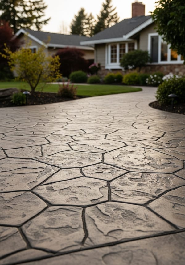 Natural flagstone walkway winding through a landscaped front yard