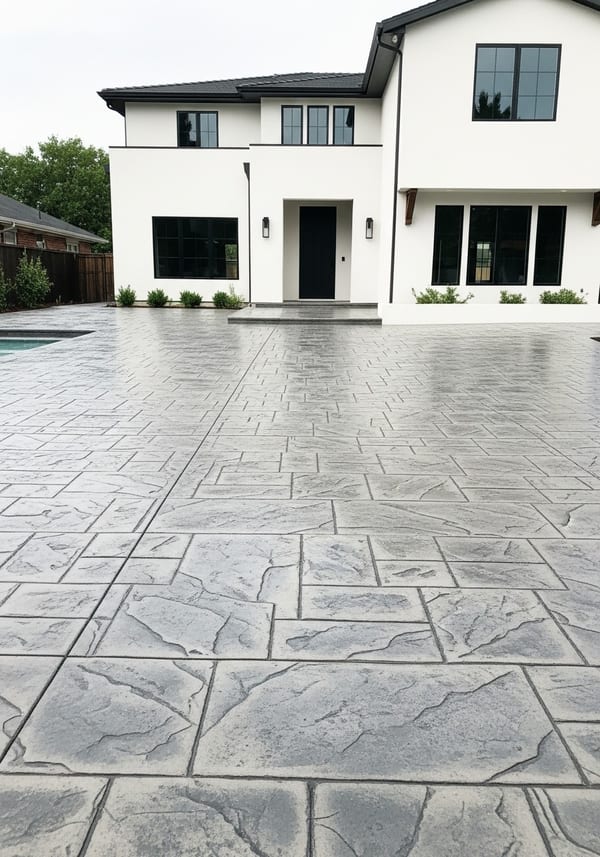 Silver grey flagstone stamped concrete walkway leading to contemporary home front entry