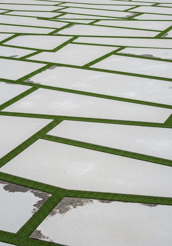 Floating smooth concrete stepping slabs set in lush artificial turf leading to a modern stucco home entry