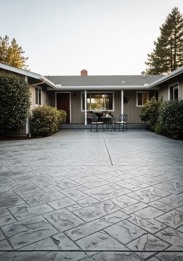 Grey ashlar stamped concrete patio beside a craftsman home with wide covered porch and mature landscaping