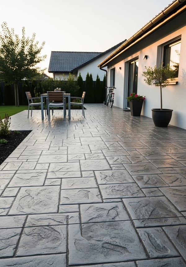 Grey stamped concrete patio with modern outdoor furniture