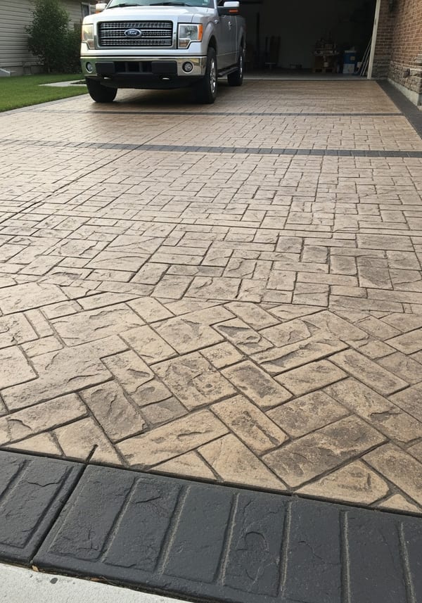 Herringbone brick pattern stamped concrete driveway with warm buff and charcoal tones at a craftsman home with carriage house garage door in golden hour light