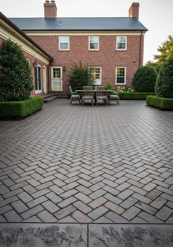 Herringbone brick stamped concrete patio extending from a colonial red brick home with formal hedged garden borders