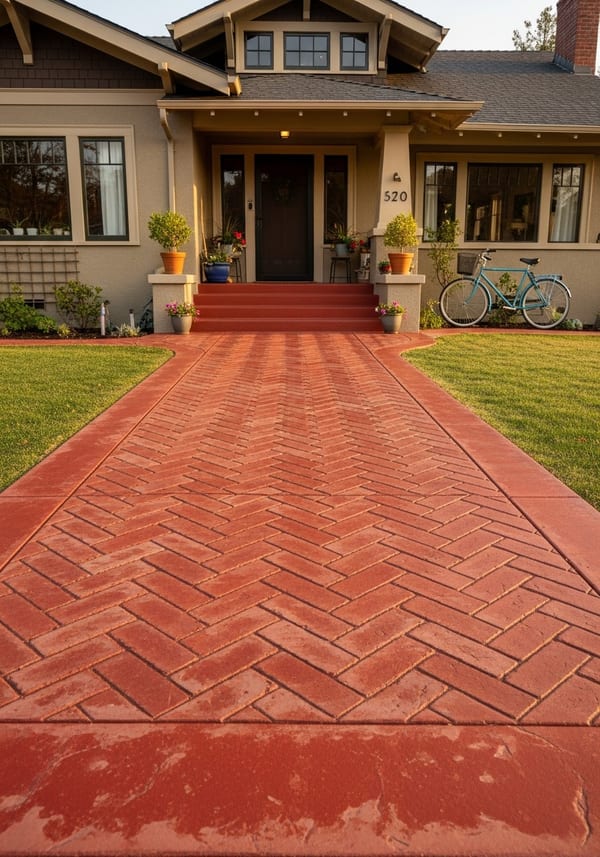 Red herringbone brick-stamped concrete walkway with warm rust tone leading to front entry, residential approach in golden hour light