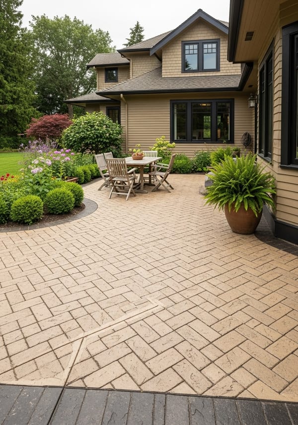 Herringbone brick pattern stamped concrete patio