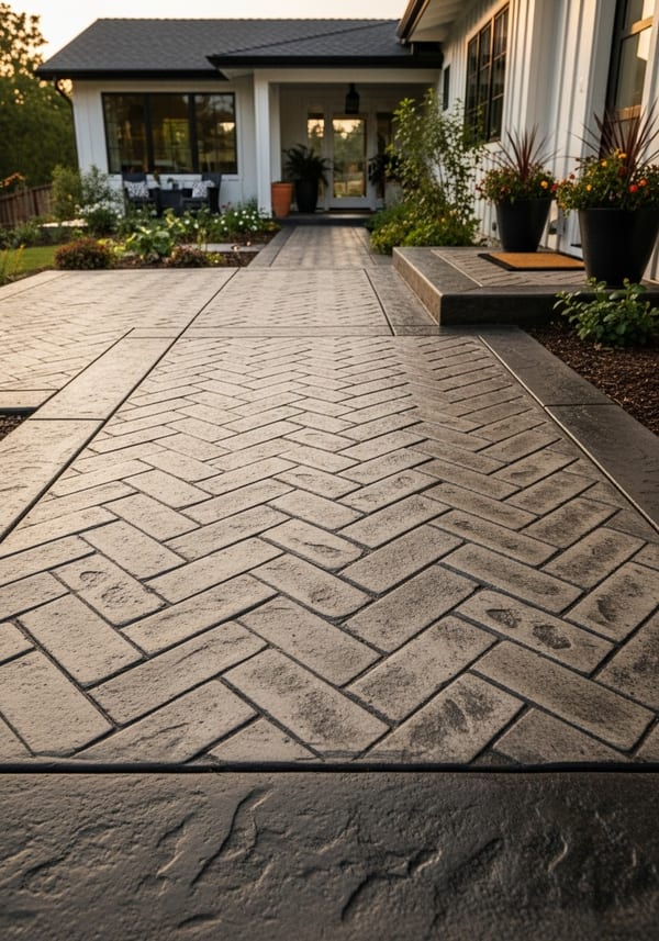 Herringbone pattern stamped concrete walkway leading to a front door
