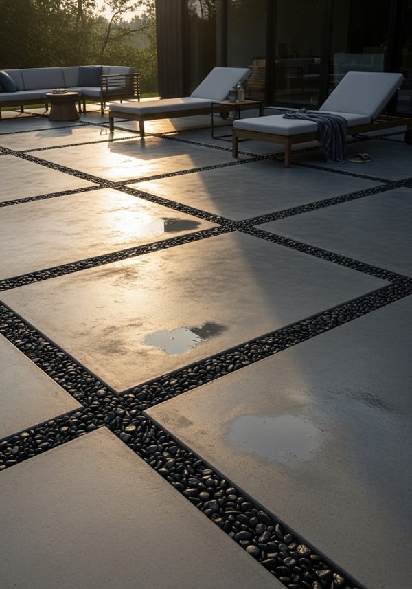 Wide establishing shot of large format smooth concrete patio with black river rock joints beside a dark modern home after rain, lounge chairs with side table on patio