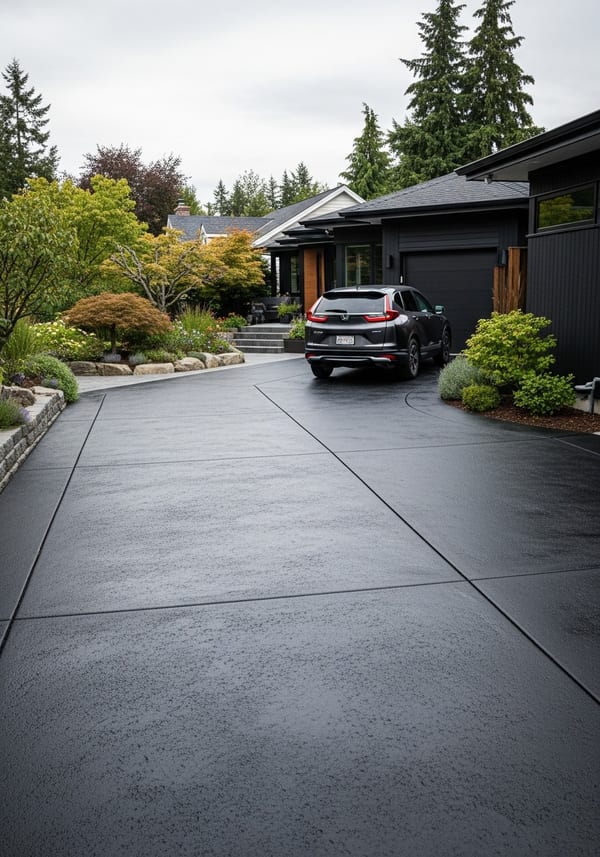 Black integrally colored concrete driveway with modern home exterior
