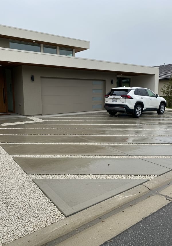 Parallel concrete slab strip driveway with white pea gravel infill between strips approaching a modern flat-roof home with contemporary flush garage door