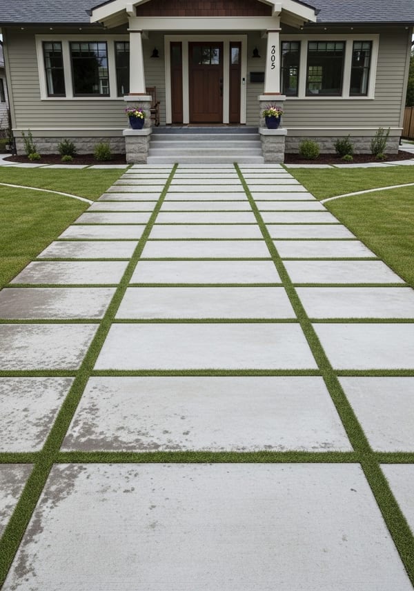 Mid-shot of parallel smooth concrete strip walkway with flush grass turf between strips leading toward a craftsman bungalow entry in golden hour light