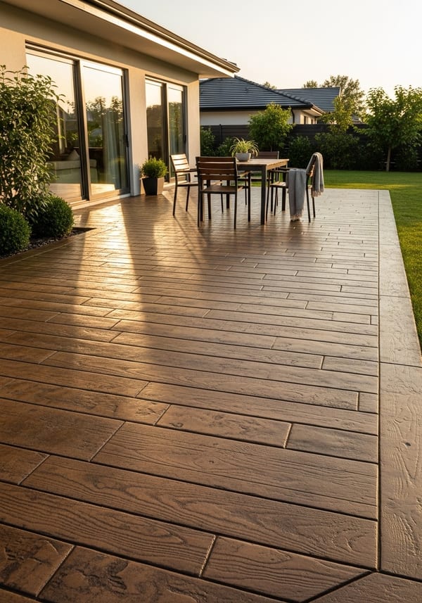 Stamped concrete patio with realistic wood plank pattern