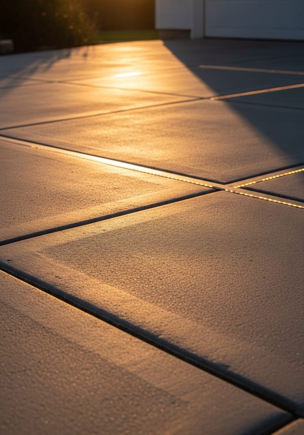 Angled 3/4 view of polygon-cut irregular concrete slab driveway with glowing LED strip joints approaching a luxury contemporary home with floor-to-ceiling glass at blue hour