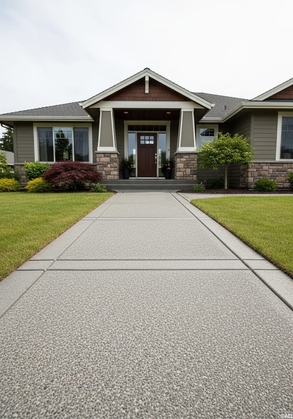 Salt finish concrete walkway with fine pitted texture leading to a craftsman home entry