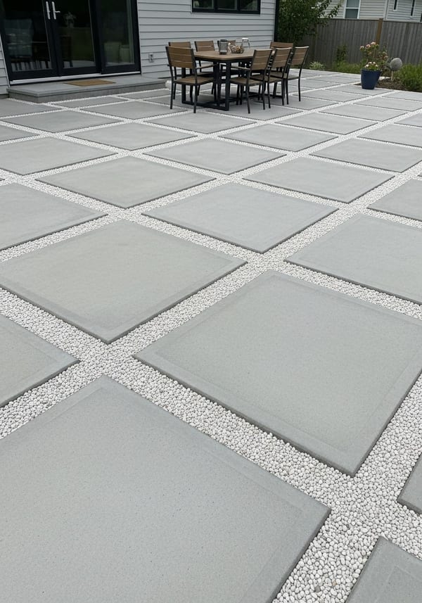 Smooth concrete patio with deep recessed grid score lines filled with white pea gravel, full outdoor dining set on patio beside a contemporary home