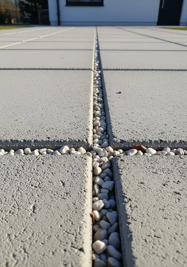 Close-up of scored grid concrete walkway with white pea gravel filling the channel lines at a contemporary home entry in bright overcast light