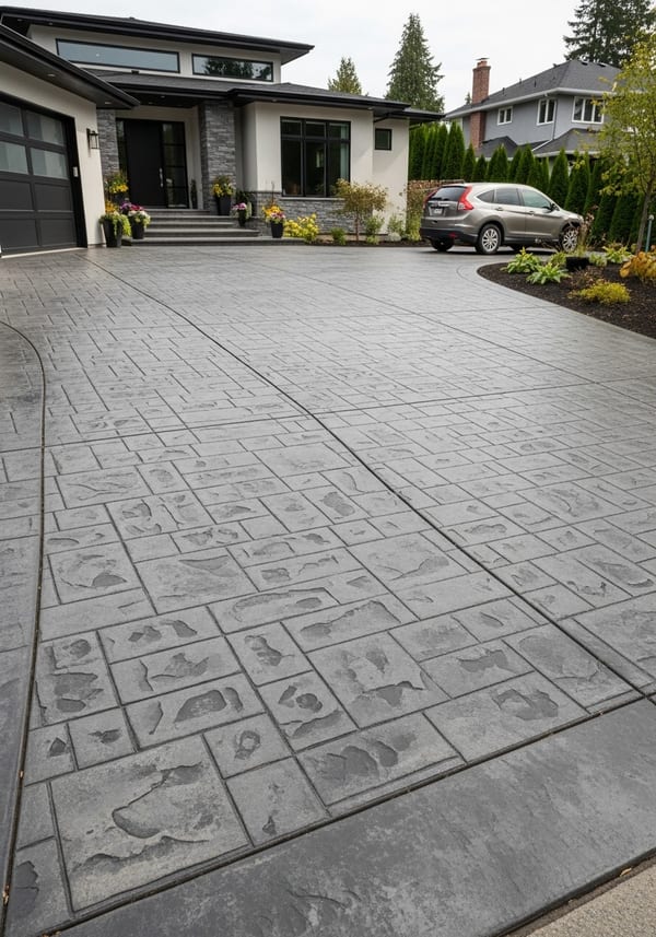 Ashlar slate stamped concrete driveway with medium grey tone, clean geometric stone pattern, modern home exterior, soft overcast daylight