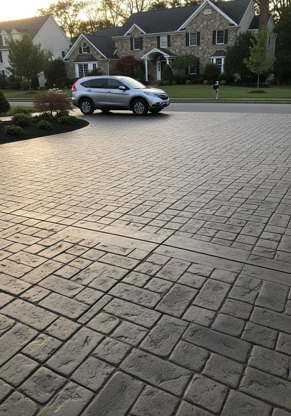 Cobblestone stamped concrete driveway with warm charcoal color wash and clean edging