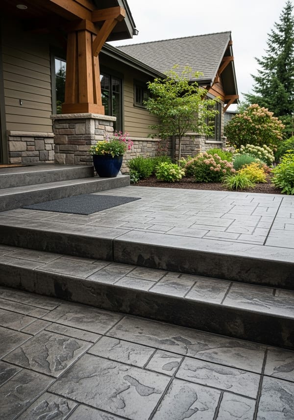 Stamped concrete front entry steps with decorative border detail