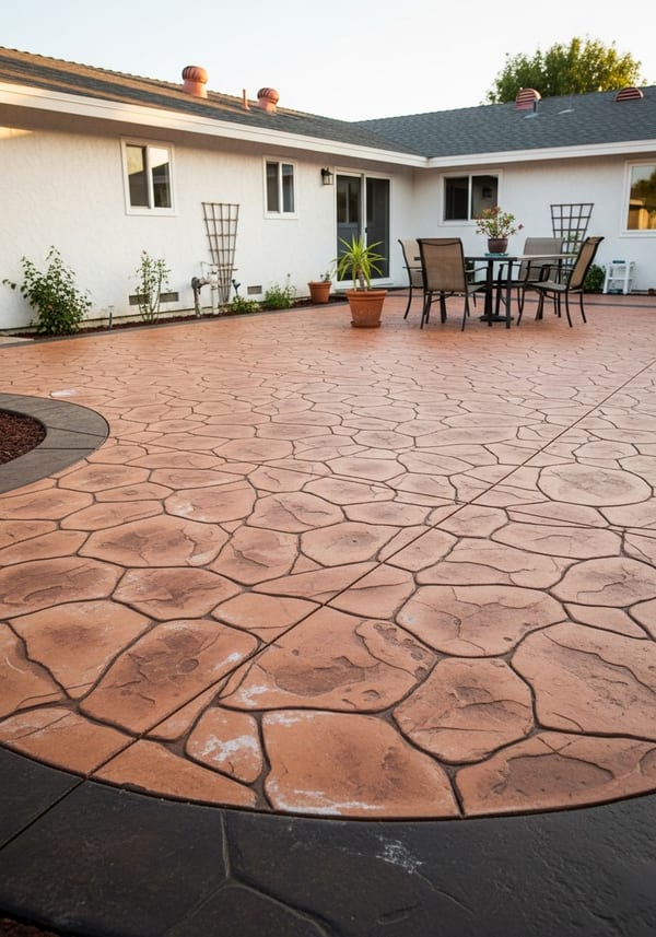 Terracotta stamped concrete patio with warm rust-orange color wash and random flagstone pattern, residential backyard