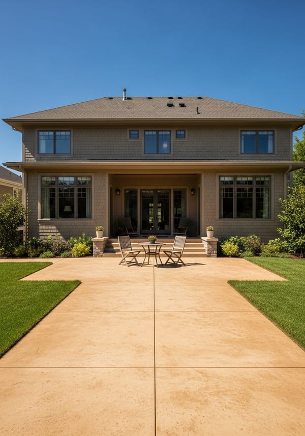 Warm tan broom-finish concrete patio with integral buff pigment, craftsman home backyard, harsh midday sun revealing surface texture