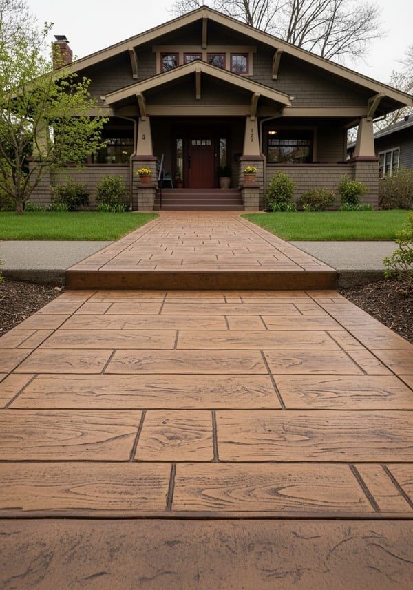 Wood plank stamped concrete walkway with warm brown tone leading to craftsman home entry