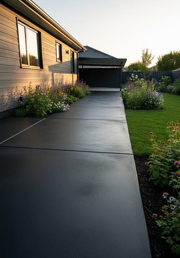 Charcoal poured concrete backyard patio extending from a dark grey fibre cement bungalow, golden hour light