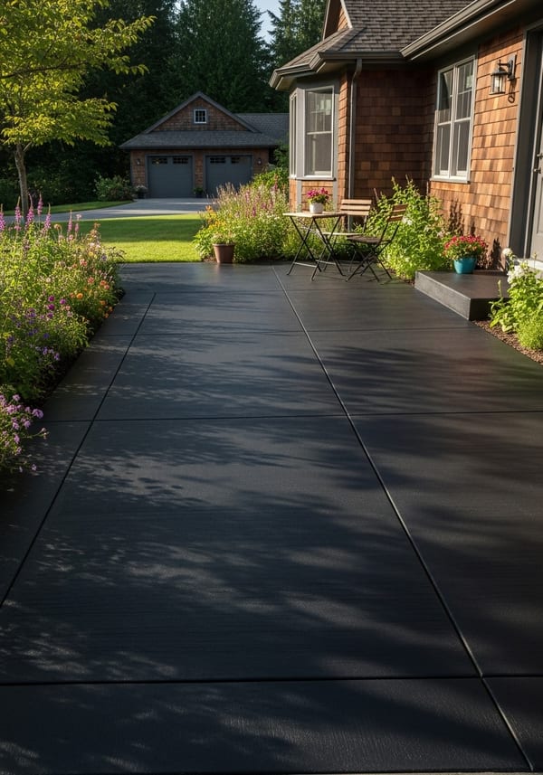 Near-black broom-finish poured concrete patio beside a dark-clad contemporary home at blue hour