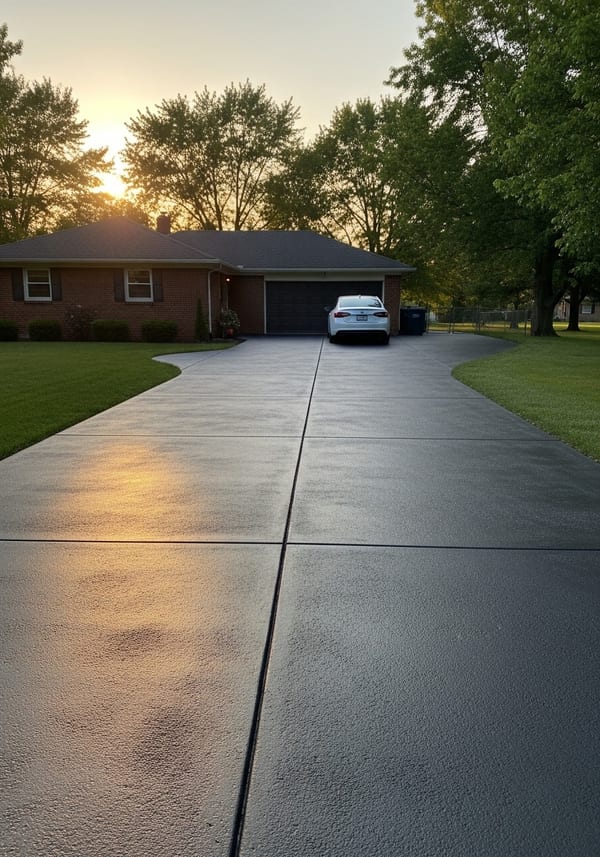 Charcoal polished poured concrete driveway leading to a single-car garage on a red brick ranch home, golden hour