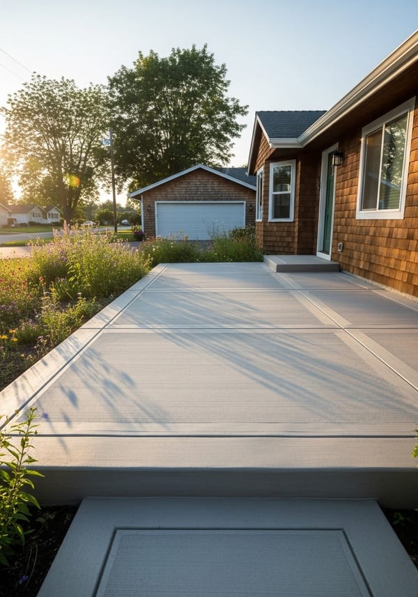 Light grey broom-finish poured concrete front porch with step down, cedar-clad home, late afternoon light
