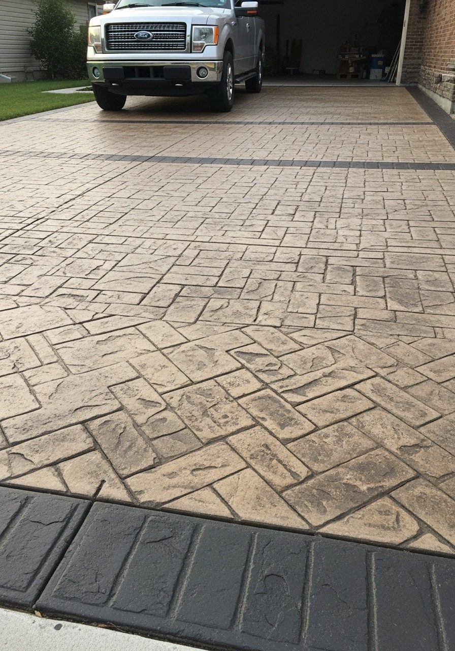 Herringbone brick pattern stamped concrete driveway with warm buff and charcoal tones at a craftsman home with carriage house garage door in golden hour light