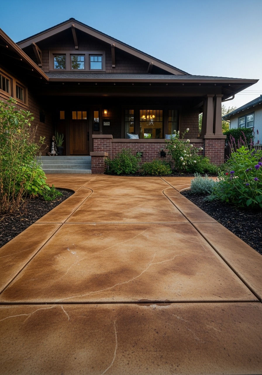 Acid stained concrete walkway with warm amber-brown mottled tones leading to traditional home entry