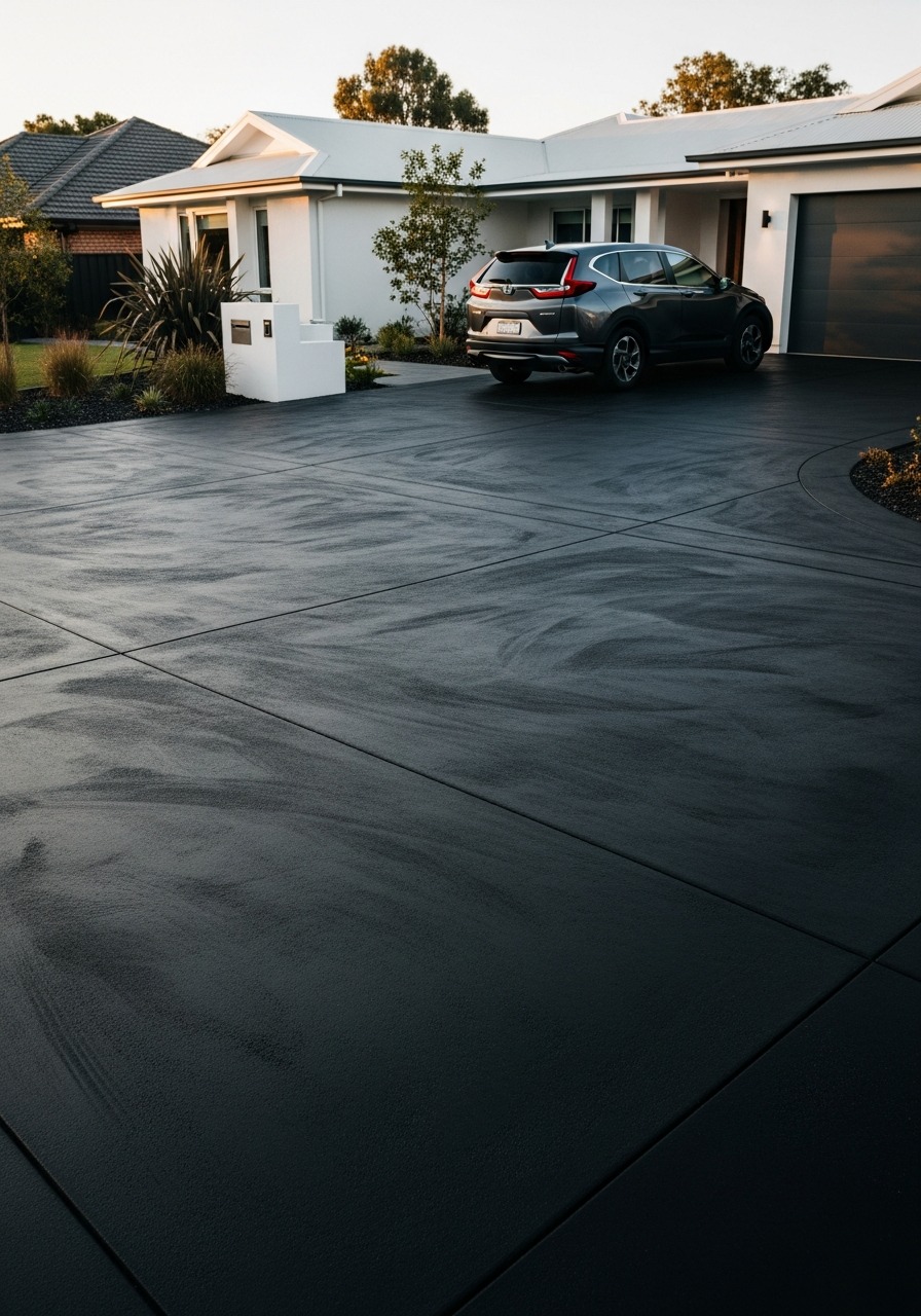 Charcoal broom-finish concrete driveway with integral dark pigment and clean brushed texture, residential front approach in afternoon light
