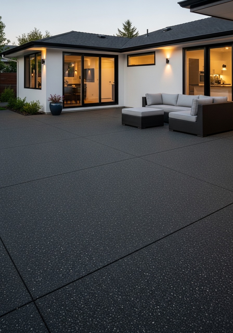 Charcoal salt finish concrete patio with subtle pitted texture and modern outdoor furniture