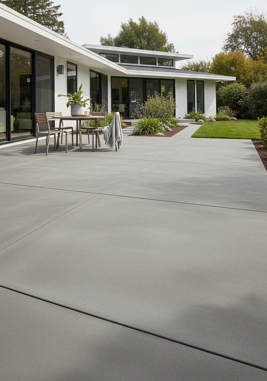 Smooth grey broom-finish concrete patio with modern outdoor furniture and clean architectural lines, residential backyard in soft overcast light