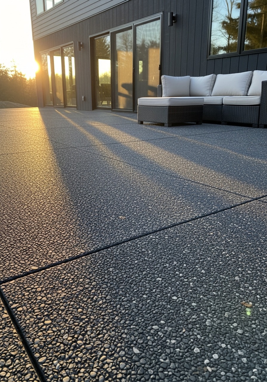 Charcoal exposed aggregate patio showing dark pebble texture