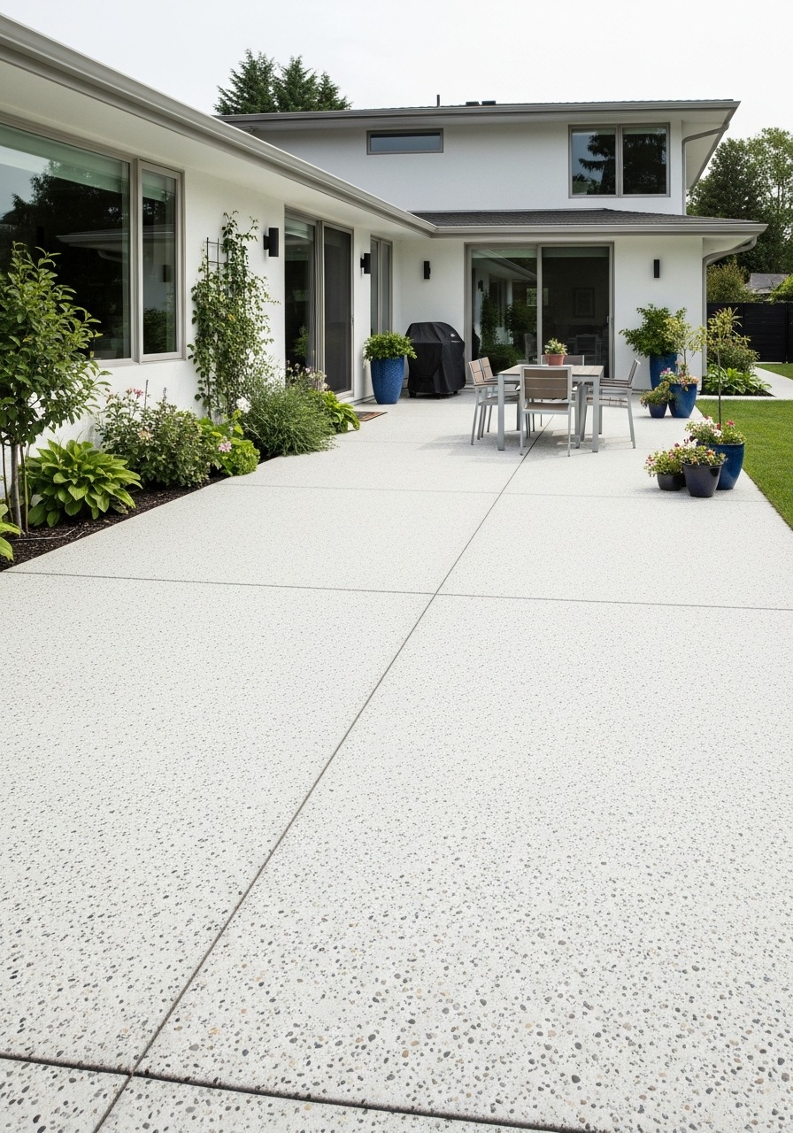 White exposed aggregate concrete patio with modern outdoor setting