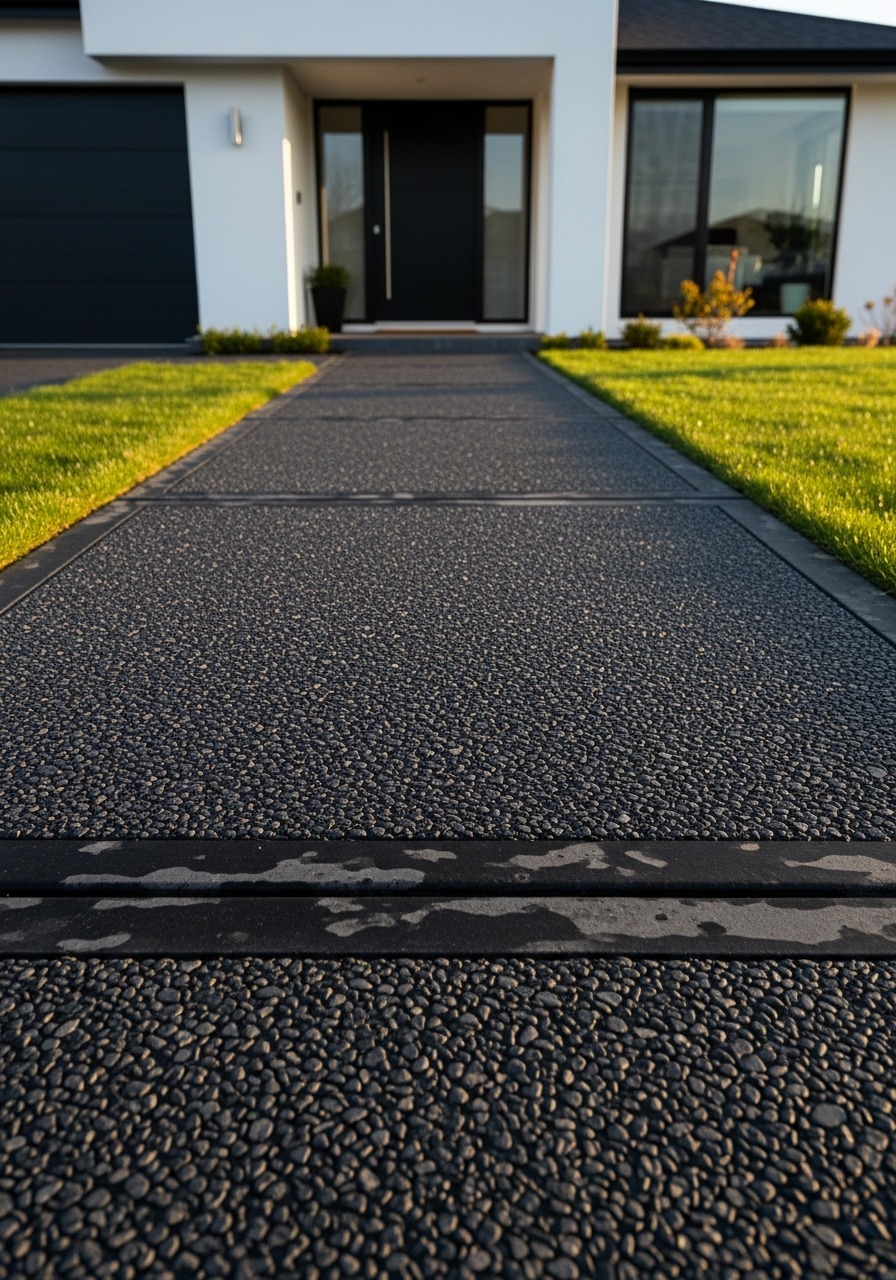 Charcoal exposed aggregate concrete walkway leading to a contemporary home entry in evening light