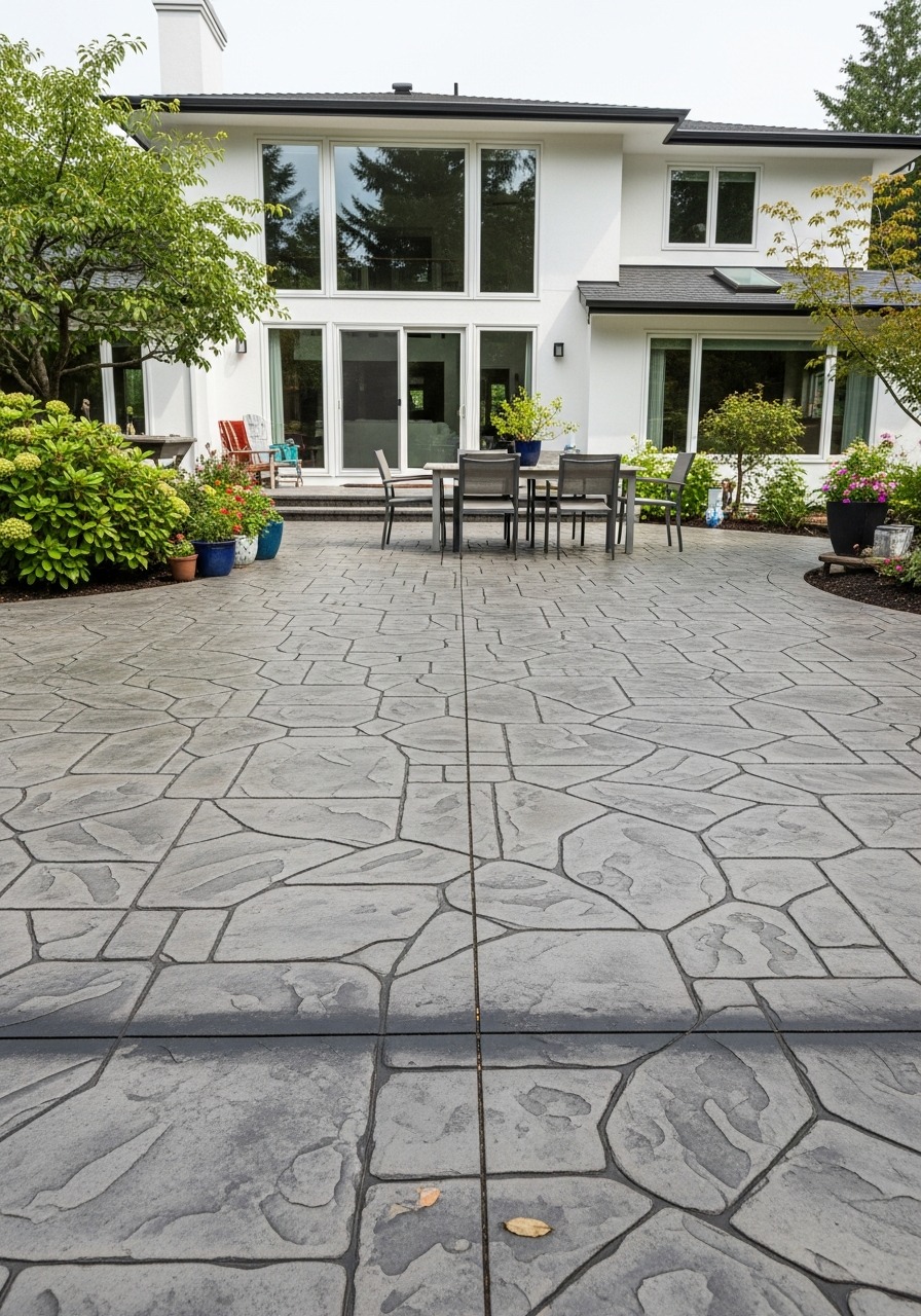 Grey flagstone-look stamped concrete patio with irregular stone pattern and soft overcast light, residential backyard