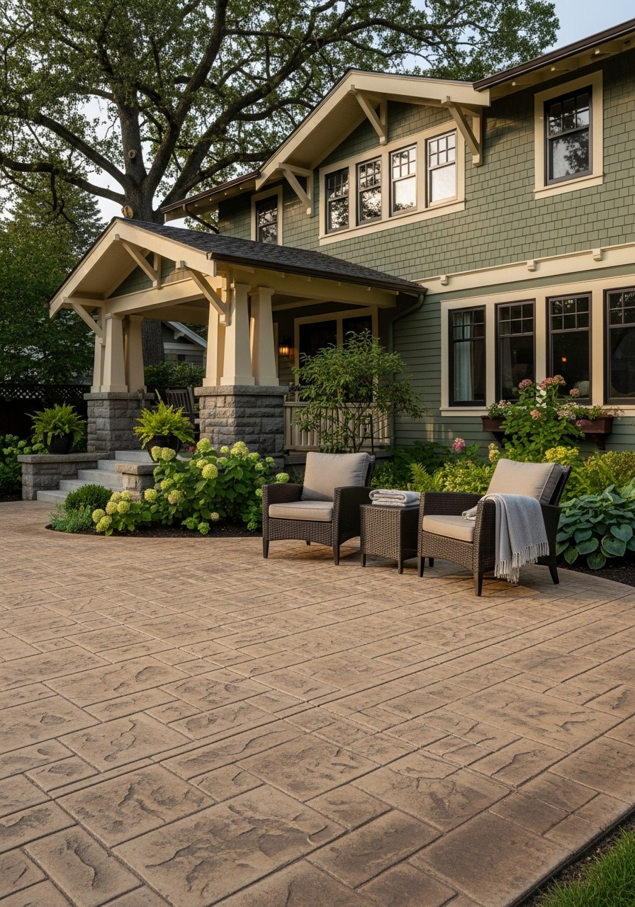 Buff flagstone stamped concrete patio with warm sandstone tones and craftsman home backdrop in afternoon light