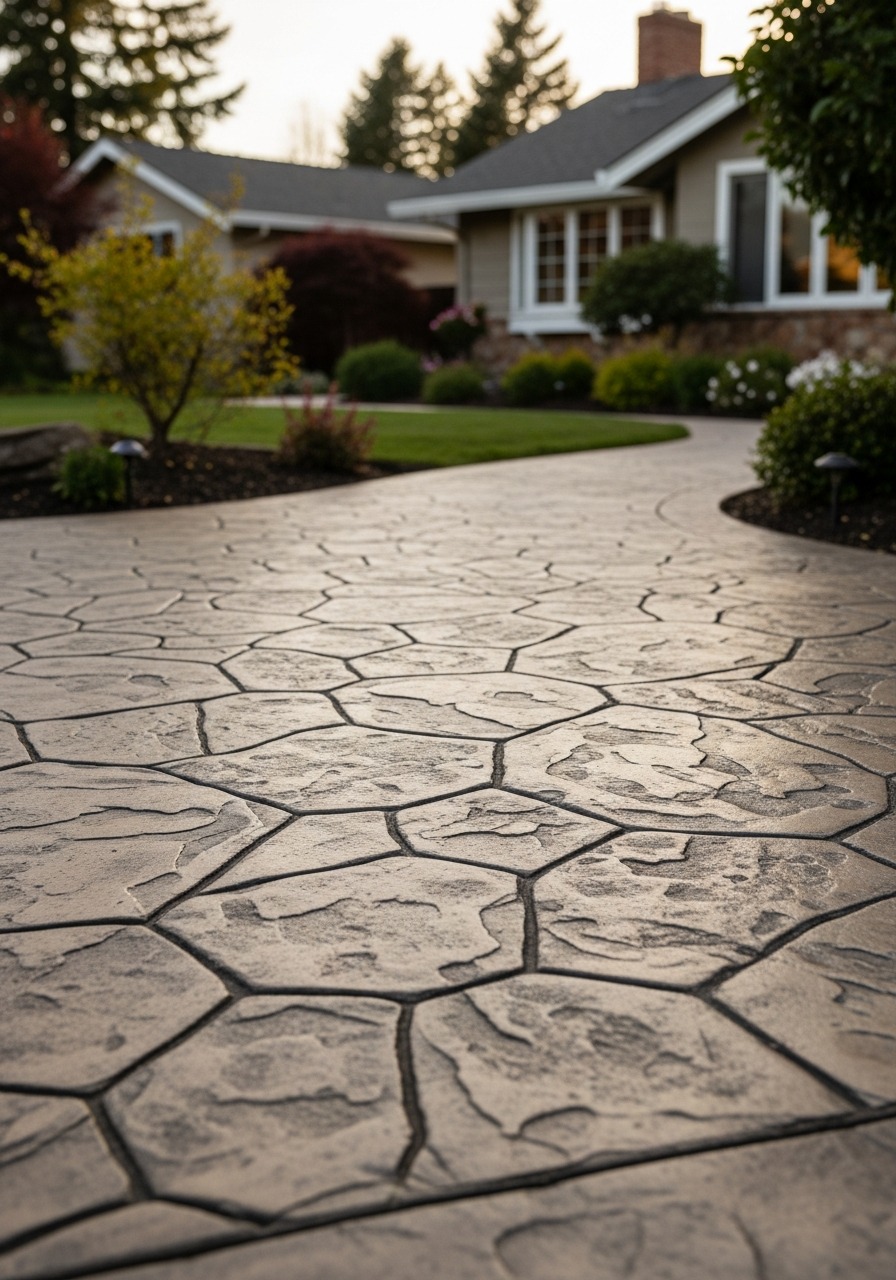 Natural flagstone walkway winding through a landscaped front yard