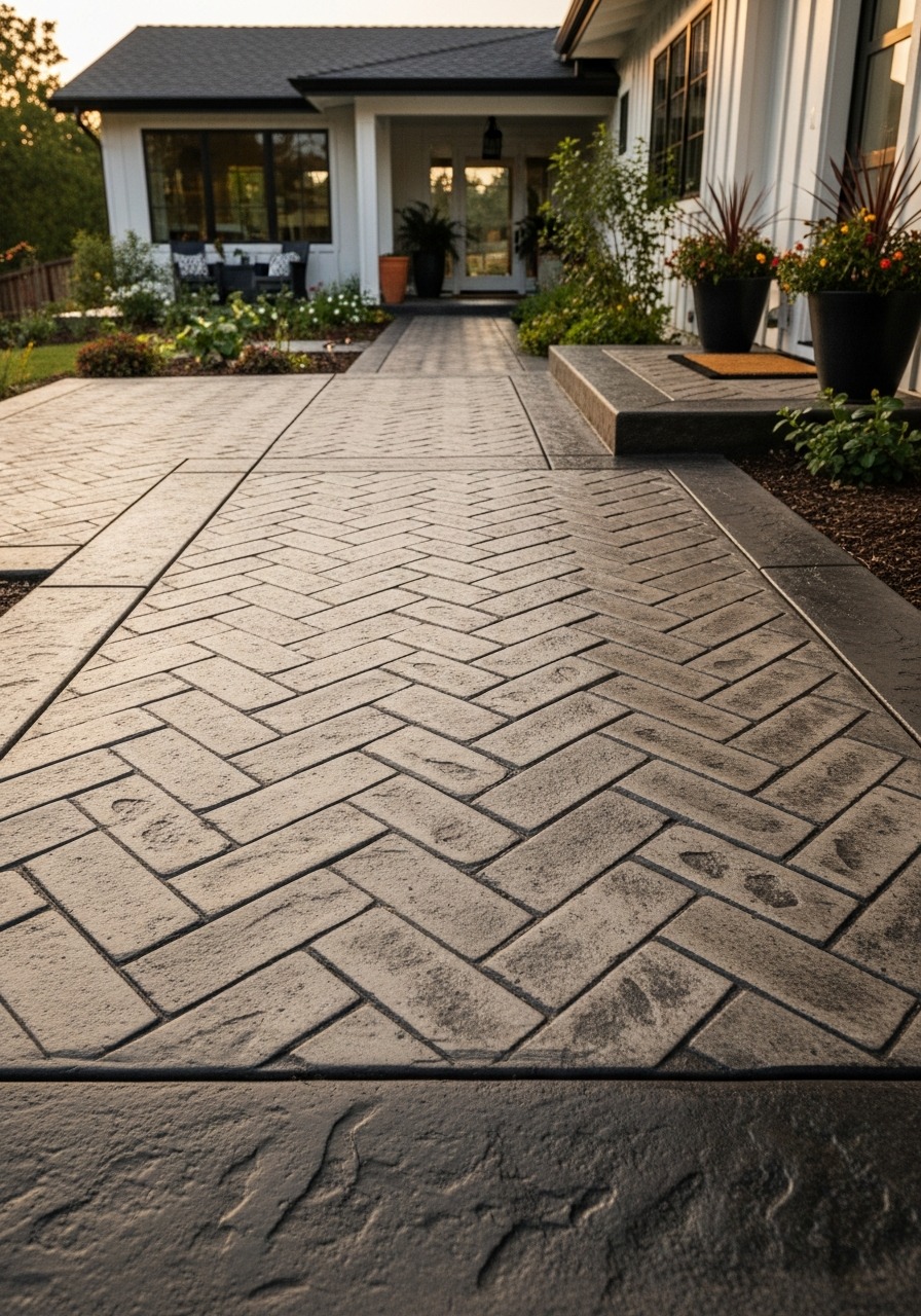 Herringbone pattern stamped concrete walkway leading to a front door