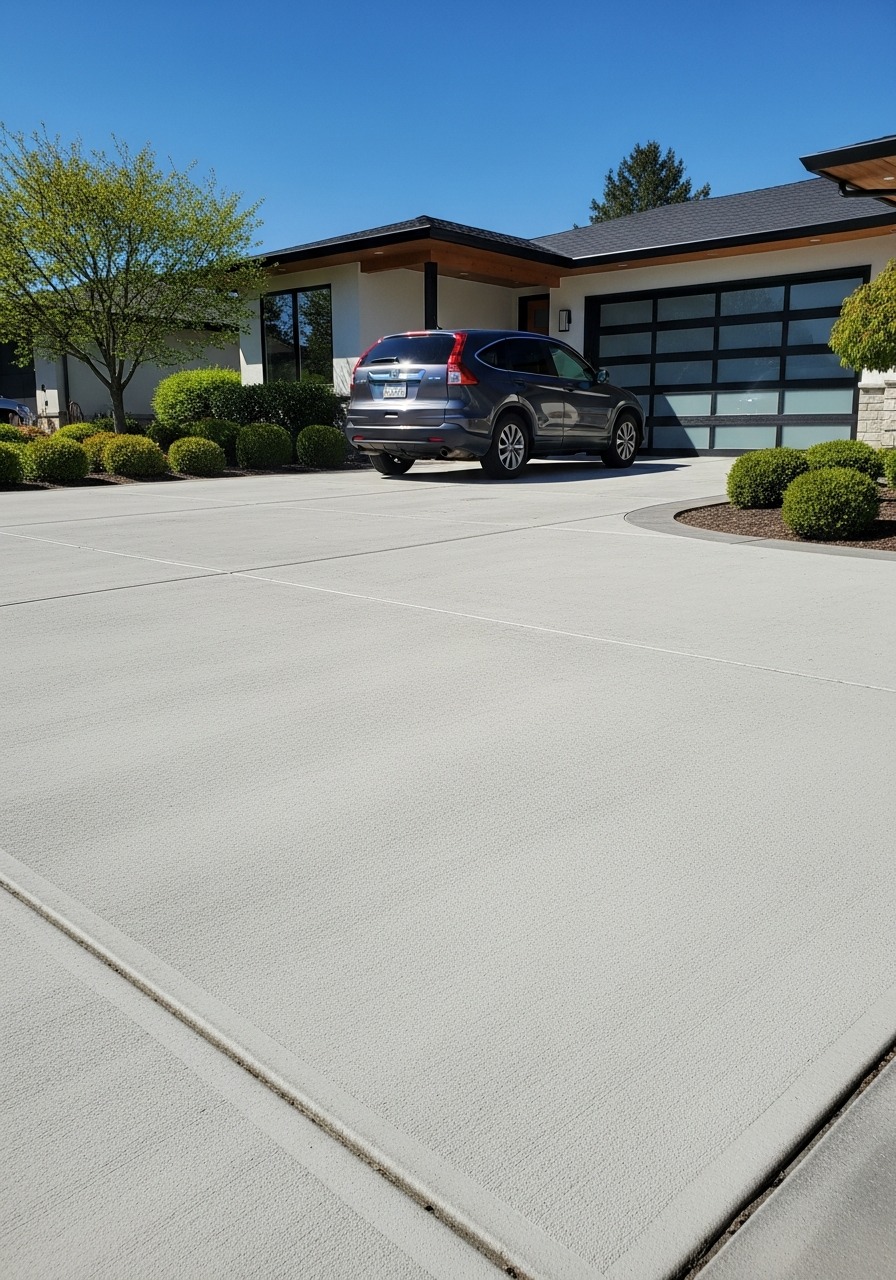 Light grey brushed concrete driveway with clean broom finish texture in front of a contemporary home