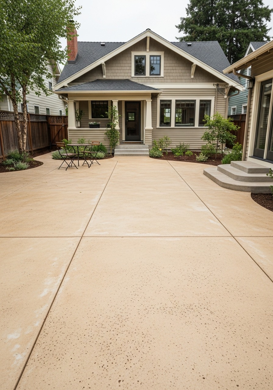 Salt finish concrete patio with subtle pitted texture and warm buff tone in a garden setting