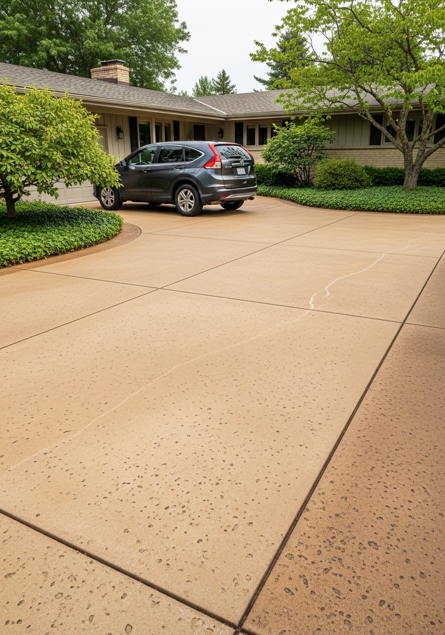 Tan salt-finish concrete driveway with warm buff tone and subtle pitting texture, residential front yard approach