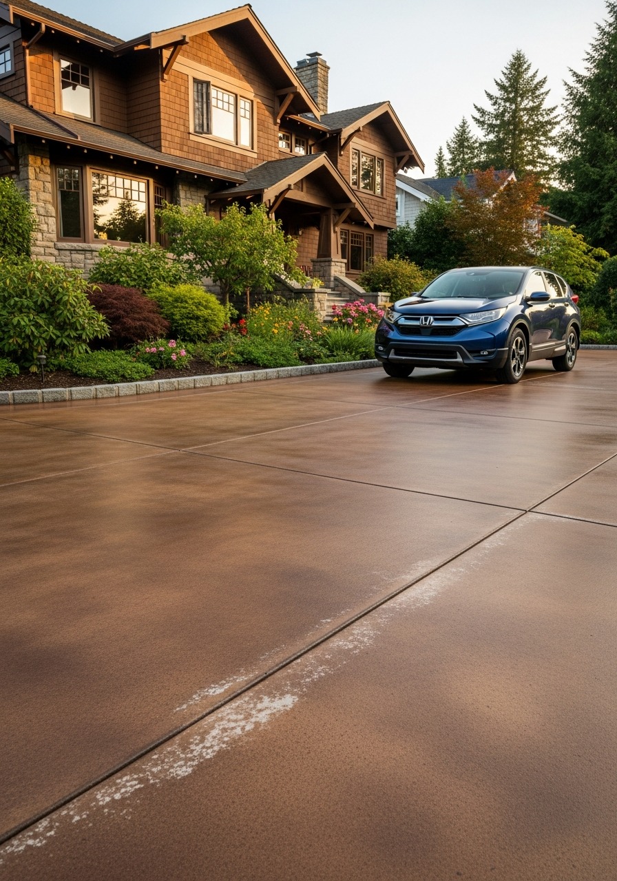 Walnut acid-stained concrete driveway with warm brown mottled organic color variation, residential front approach, golden hour afternoon light
