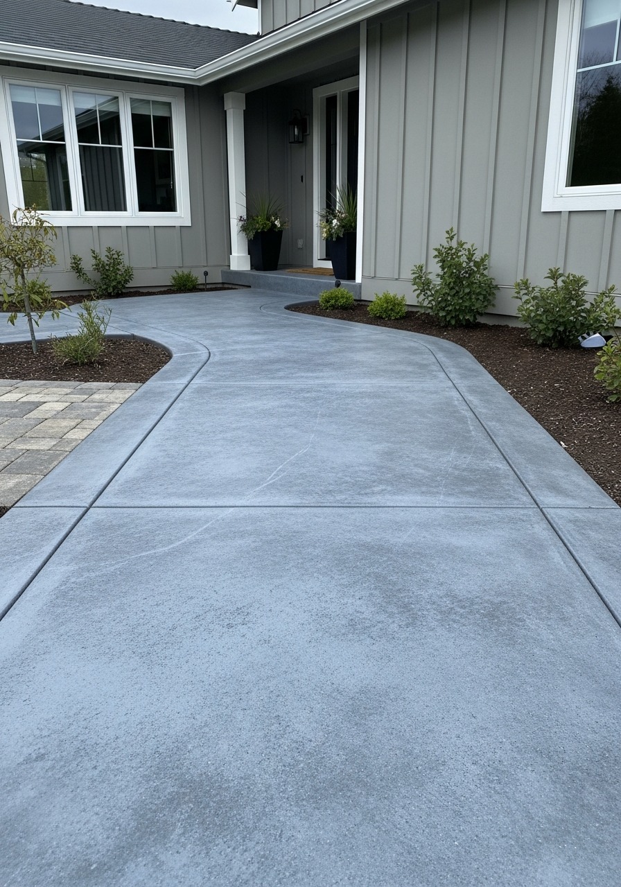 Blue-grey acid-stained concrete walkway with mottled slate tone and clean edges, residential front path in soft overcast light