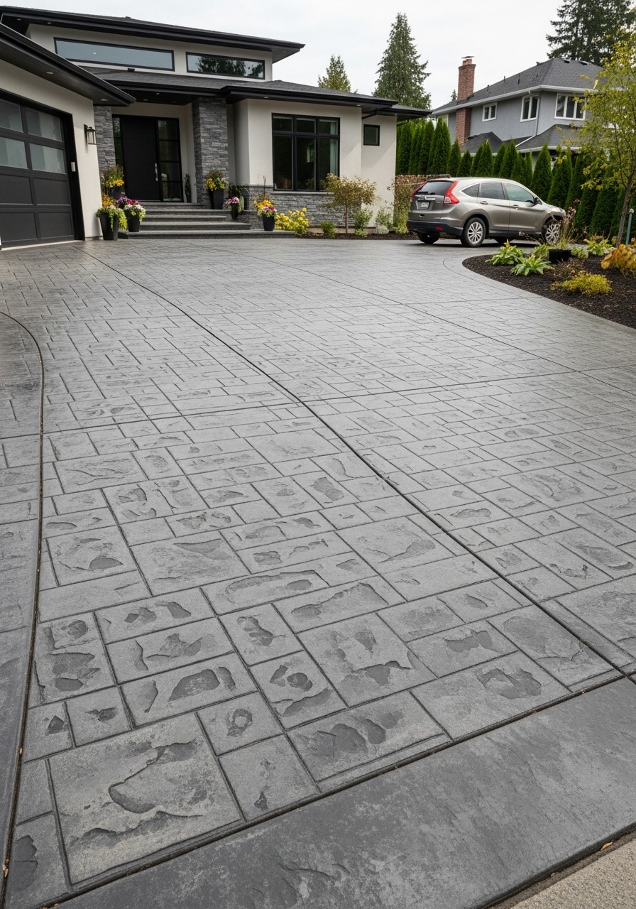 Ashlar slate stamped concrete driveway with medium grey tone, clean geometric stone pattern, modern home exterior, soft overcast daylight