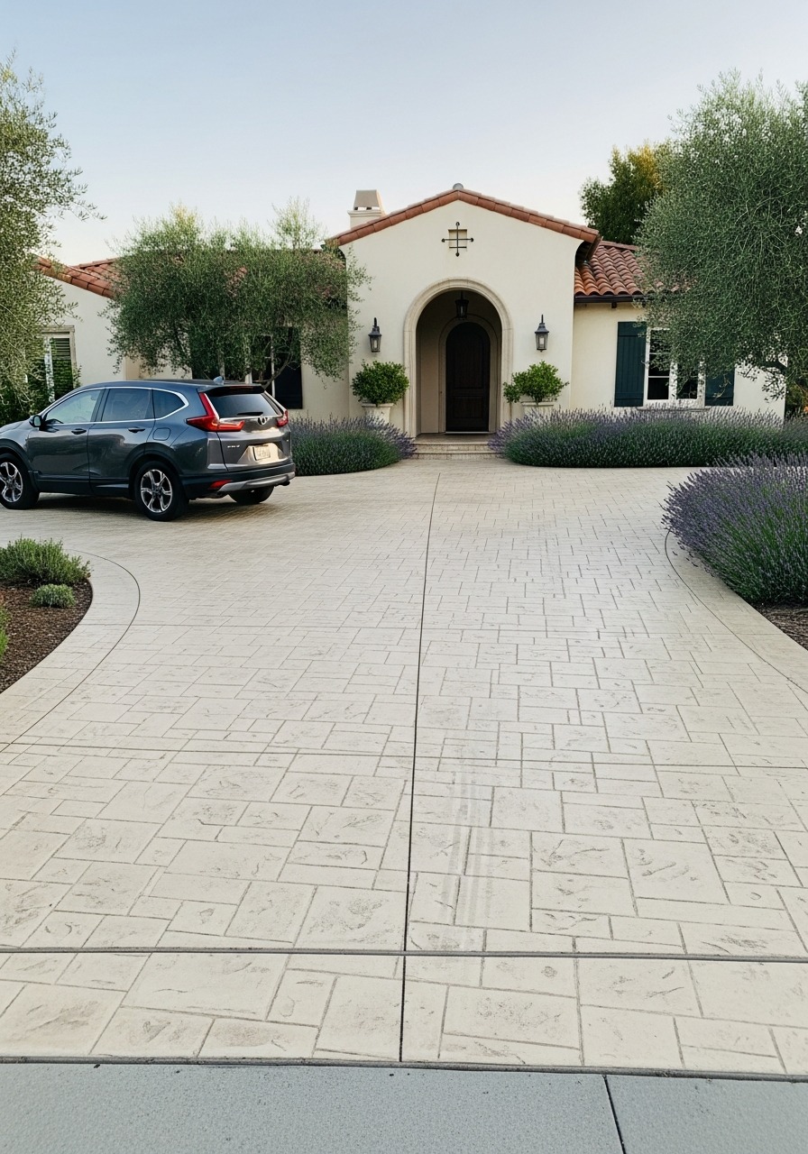 Light cream stamped concrete driveway with Tuscan cobblestone pattern, Mediterranean stucco home exterior, golden hour afternoon light
