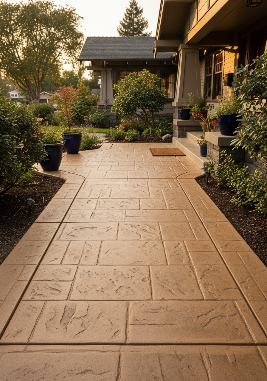 Warm buff stamped concrete front walkway with ashlar or flagstone pattern, craftsman home backdrop, golden hour afternoon light