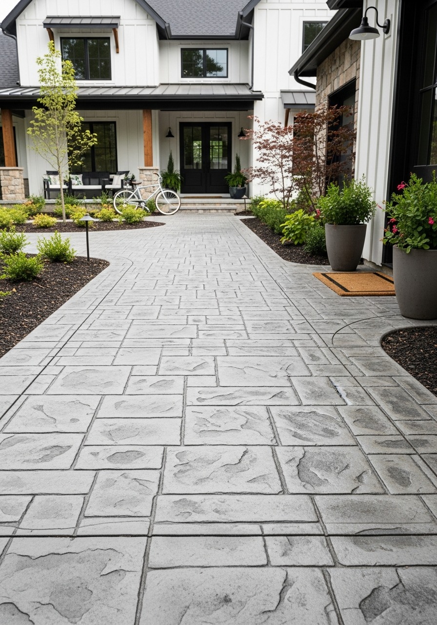 Grey stamped concrete front walkway leading to home entrance